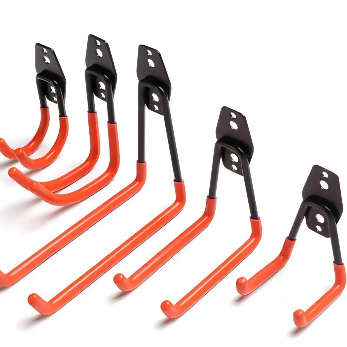 Close view of orange protective coating on steel storage hooks