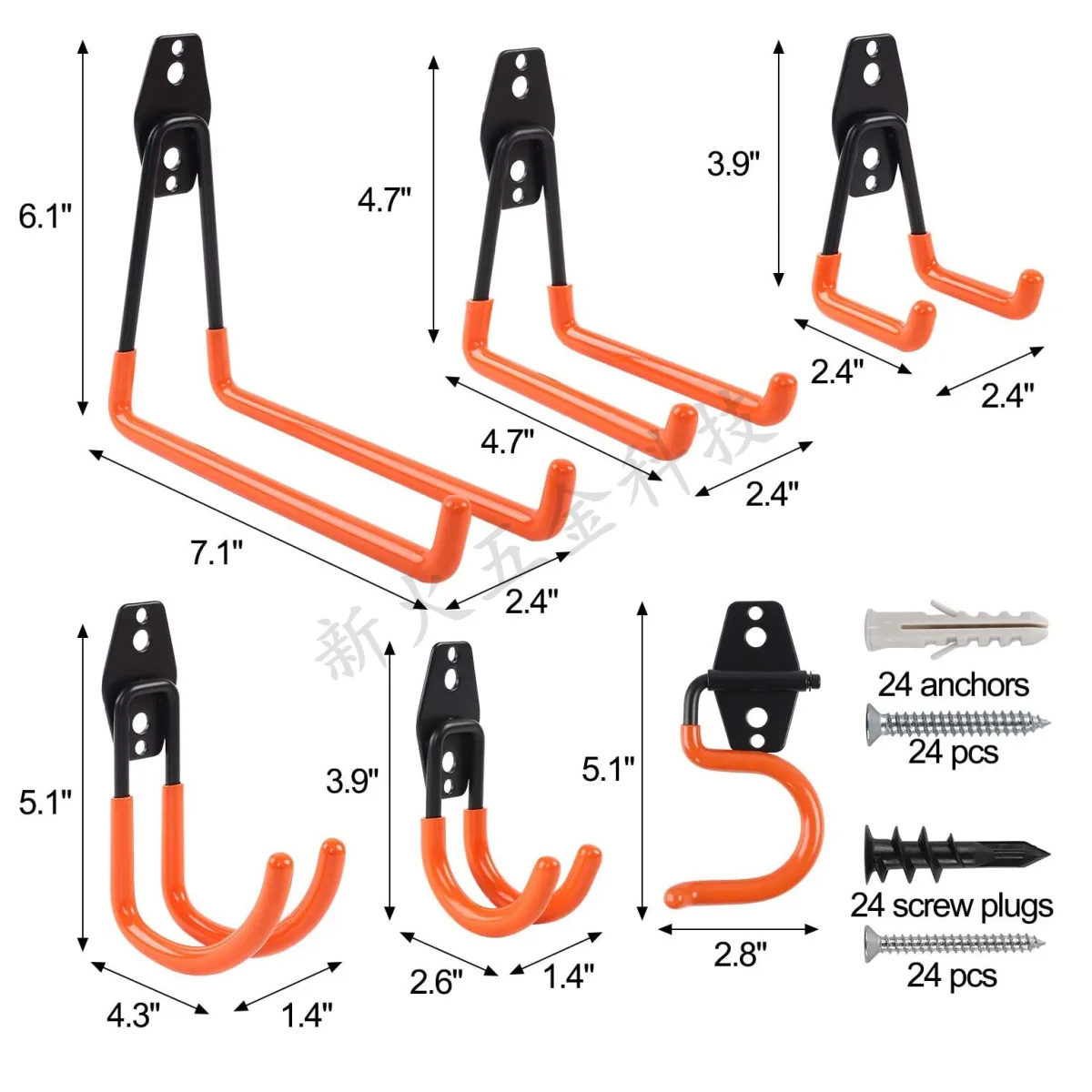 Dimensions and included hardware for the orange garage hook set